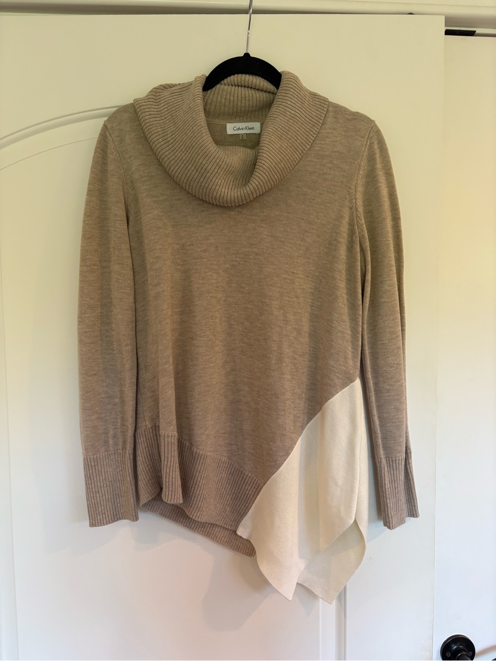 Calvin Klein Taupe and Cream Asymmetrical Cowl Neck Sweater